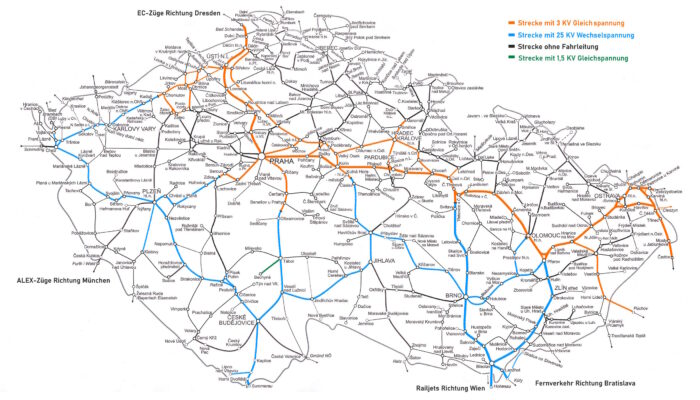 Darstellung tschechischer Bahnstrecken mit unterschiedlichen Fahrleitungsspannungen